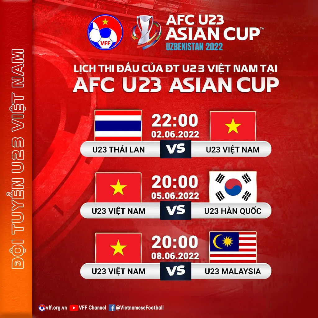 lịch thi đấu U23 châu Á 2022 U23 Việt Nam và U23 Thái Lan 22h hôm nay