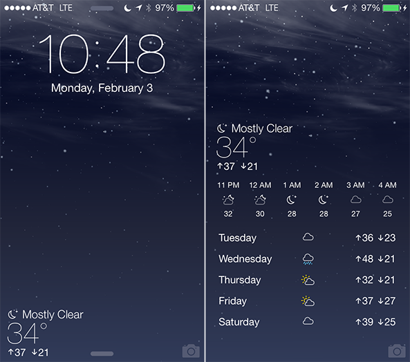 Forecast: Giúp người dung thay đổi Màn hình khóa và Màn hình chính theo thời tiết hiện tại theo Vị trí hiện tại. Ngoài ra tại Màn hình khóe Tweak còn hiển thị nhiệt độ hiện tại và của ngày hôm đó. Bạn có thể trượt Màn hình khóa qua phải để xem dự báo thời tiết chi tiết hơn. Ảnh: idownloadblog.com.