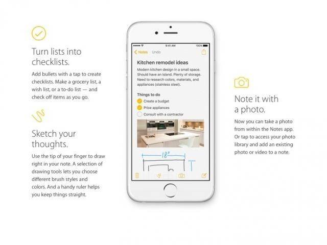4. Ứng dụng Ghi chú: Ghi chú được cải tiến bổ sung nhiều tính năng mới, người dùng dễ dàng chèn ảnh, vẽ, chèn bản đồ,... Đây có là lần cập nhật lớn nhất cho ứng dụng Ghi chú đem lại cho người dùng trải nghiệm hoàn toàn mới.