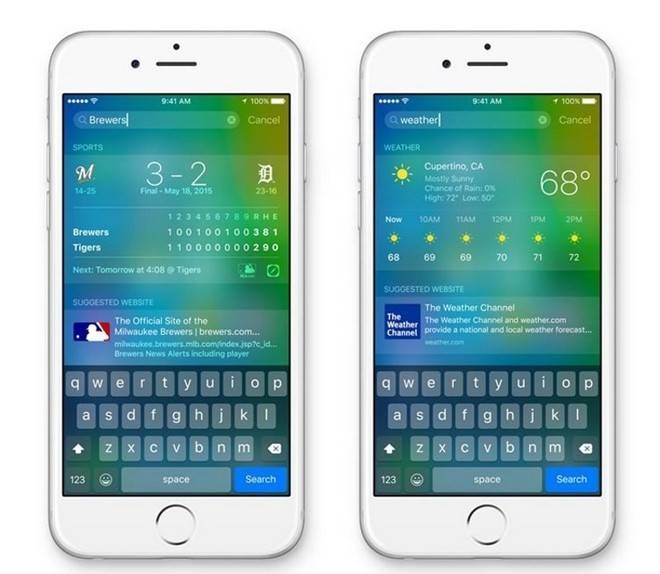 Gợi ý tìm kiếm: iOS 9 đã trở nên thông minh hơn rất nhiều, đặc biệt là trong thao tác tìm kiếm và điều này thể hiện khá rõ ràng qua menu Gợi ý tìm kiếm mới. Tính năng trên phần nào đem tới trải nghiệm gần giống như Google Now trên hệ điều hành iOS.Khi vuốt từ trái qua phải trên từ màn hình chính, người dùng có thể truy cập ngay vào các cài đặt cá nhân hóa những khuyến nghị và tin tức. Những khuyến nghị được gợi ý gồm một tập hợp các liên lạc gần đây, ứng dụng mới dùng, tin tức và địa điểm lân cận dựa trên thói quen của người dùng.
