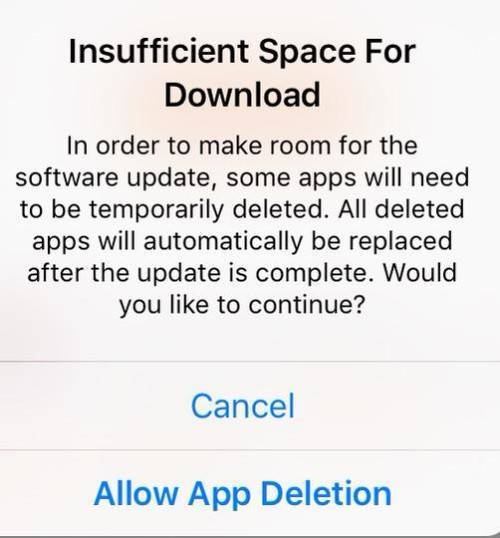 Khi nâng cấp nếu thiếu dung lượng lưu trữ, iOS 9 sẽ cảnh báo và đề nghị bạn cho phép xóa bớt ứng dụng rồi sẽ tự động cài lại sau khi hoàn tất