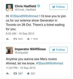 Những thành viên của NASA cảm thấy hứng thú với Ahmed và mời cậu đến tham dự triển lãm khoa học tại Toronto, một người khác còn mời cậu bé tới cùng ngắm Sao Hỏa.