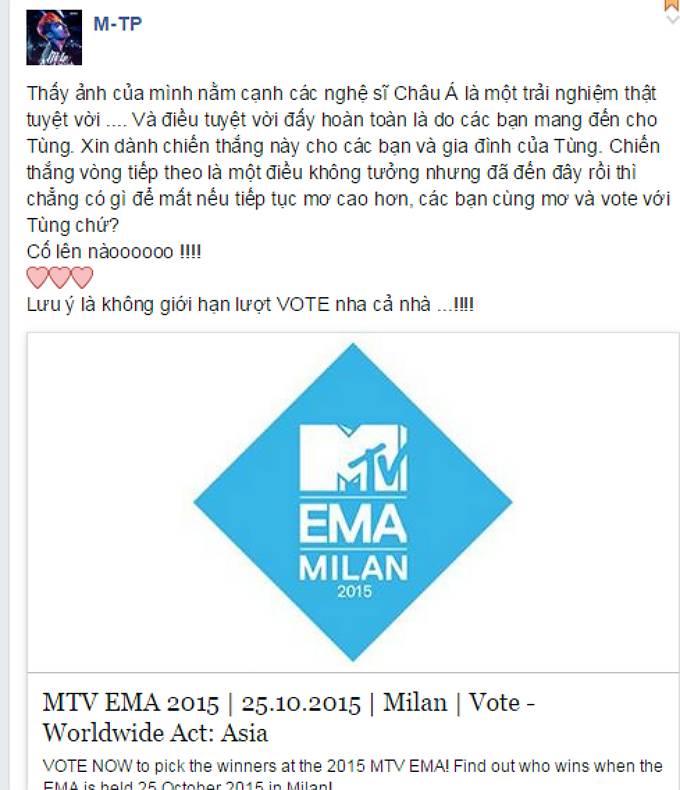 Status chia sẻ cảm xúc khi giành chiến thắng ở vòng 2 MTV EMA 2015 và gửi lời cảm ơn đến người hâm mộ của Sơn Tùng M-TP.