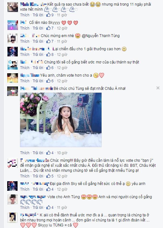 rước status của thần tượng, nhiều người hâm mộ đã gửi lời chúc mừng và hứa sẽ bình chọn quyết liệt trong 9 ngày ngày tới dù biết đây sẽ “chướng ngại vật” không dễ để vượt qua.