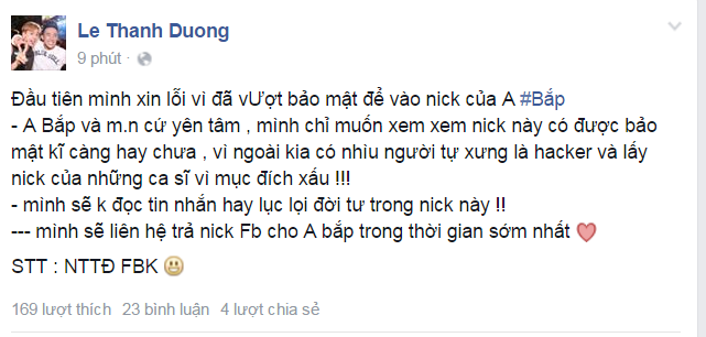 Lời sám hối khá tử tế của hacker trên facebook cá nhân của Ngô Kiến Huy.