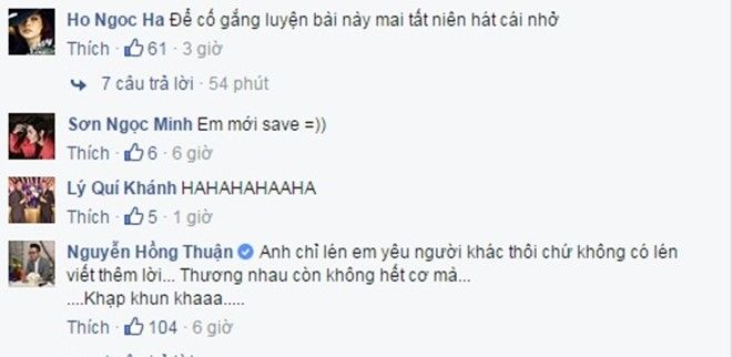 Câu chuyện càng trở nên rôm rả khi những người bạn của Hồ Ngọc Hà là NTK Lý Quí Khánh và nam ca sĩ Sơn Ngọc Minh cũng tham gia bình luận góp vui. Thậm chí "cha đẻ" của Cô đơn giữa cuộc tình là nhạc sĩ Nguyễn Hồng Thuận cũng có mặt.