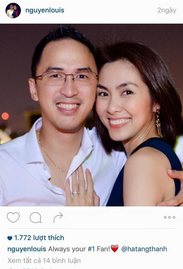 Không những thế, Louis Nguyễn còn "lấy lòng" bà xã bằng việc đăng tiếp một bức ảnh hai vợ chồng cười rạng rỡ hạnh phúc bên nhau với dòng chú thích: "Always your #1 fan" (Tạm dịch: Anh sẽ luôn là fan số 1 của em).