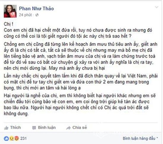 Phan Như Thảo tiếp tục công khai việc con và chồng bị hại trên trang cá nhân.