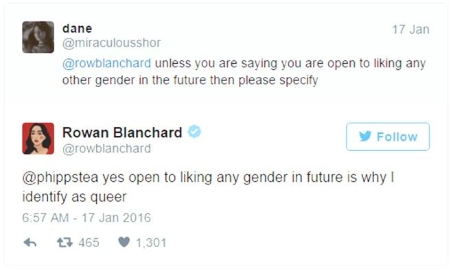 @rowblanchard: "Xin hãy nói rõ ra, trừ phi ý cô là giới tính nào cô cũng sẽ thích". ‎@rowblanchard: "Đúng vậy. Chính vì giới tính nào tôi cũng sẽ thích nên tôi mới tự nhận mình là "queer".