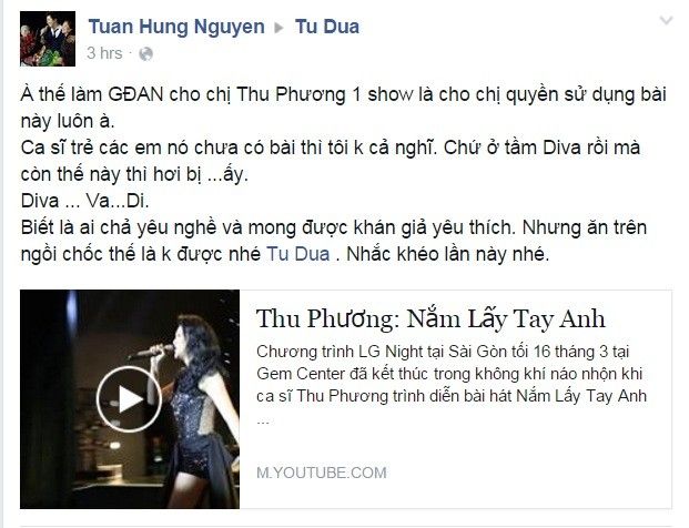 Status đầy khó chịu của Tuấn Hưng về việc Thu Phương hát bản hit Nắm lấy tay anh mà chưa xin phép trên trang cá nhân của nhạc sĩ Tú Dưa.