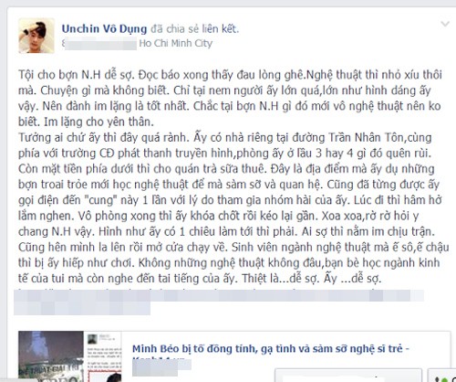 Ngoài Hoàng Tôn, nhạc sĩ Phúc Trường, đạo diễn, biên kịch Unchin vô dụng của phim ngắn Xin lỗi! Anh chỉ là thằng bán bánh giò cũng cũng công khai tiết lộ sự thật về con người Minh Béo. 