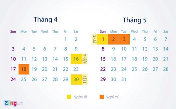 Lịch nghỉ lễ và nghỉ bù trong dịp giỗ tổ Hùng Vương và 30/4, 1/5.
