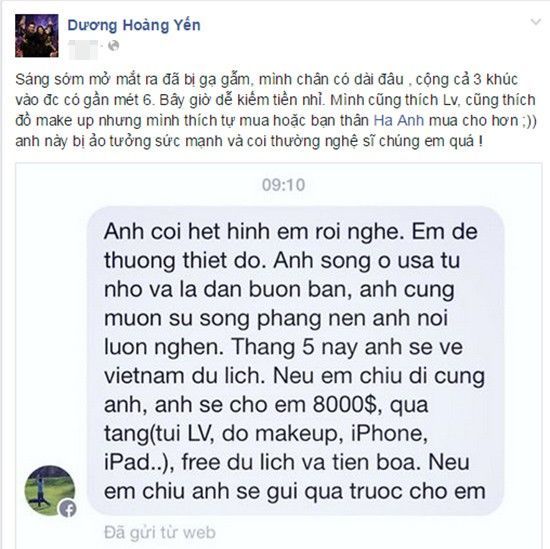Ca sĩ Dương Hoàng Yến dở khóc dở cười trước lời gạ gẫm, dụ dỗ đi du lịch cùng và hứa trả 8.000 USD kèm theo quà tặng là túi LV, đồ makeup, iphone, ipad…