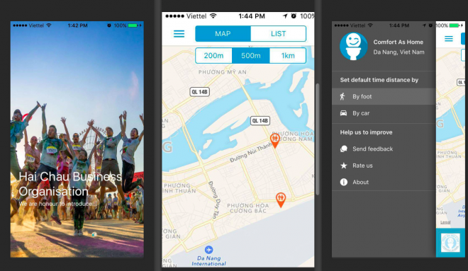 Giao diện cơ bản của ứng dụng "Comfort as home" hiển thị các nhà vệ sinh gần nhất và chỉ đường