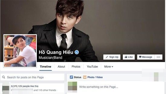 Đứng thứ 5 trong bảng xếp hạng sao Việt có lượng fan "khủng" chính là Hồ Quang Hiếu. Fanpage của nam ca sĩ đang có hơn 8,3 triệu người theo dõi. 