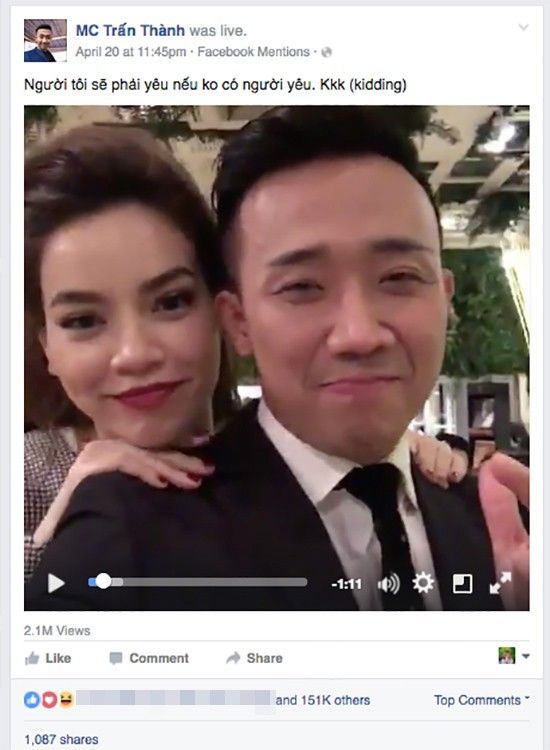 Thậm chí, clip live stream của Trấn Thành và ca sĩ Hồ Ngọc Hà có tới hơn 2,1 triệu người xem.