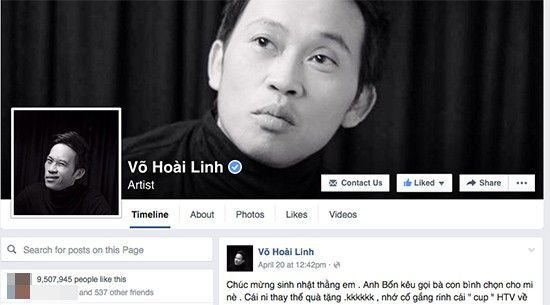 Fanpage của nghệ sĩ Hoài Linh đang có hơn 9,5 triệu người theo dõi. Ngoài các vai diễn trên sân khấu, bộ phim hay các show truyền hình thì đời tư của Hoài Linh cũng luôn là tâm điểm chú ý từ người hâm mộ.