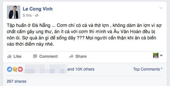 Công Vinh thông báo bị ngộ độc vì ăn cá biển khi đang tập huấn ở Đà Nẵng.