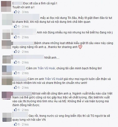 Rất nhiều bạn đọc đồng tình với quan điểm của ông Trần Vũ Hoài. Họ cho rằng hành động share, post mà không cần đọc bài viết cũng là một loại "tội ác" hại người.