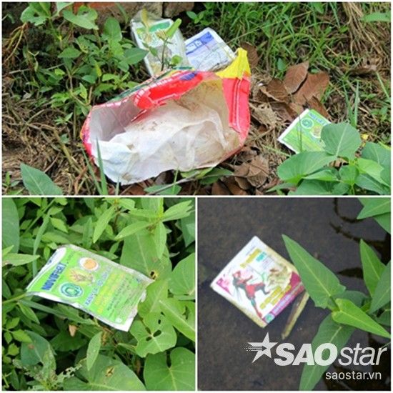Thế nhưng sự thực lại không như vậy, có rất nhiều vỏ thuốc trừ sâu các loại vứt ngổn ngang bên ruộng rau. 