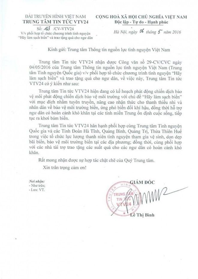 Đơn xin phát động chiến dịch "Hãy làm sạch biển" của VTV24.