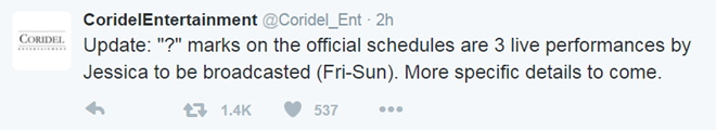Thông báo từ Coridel Ent, tạm dịch: Lịch trình chính thức sẽ là 3 buổi biểu diễn trực tiếp của Jessica (Thứ 6 - chủ nhật). Chi tiết cụ thể sẽ được thông báo sau.