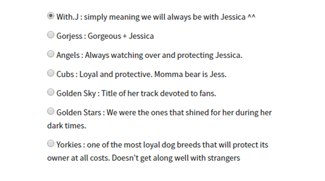 Tên của Fanclub chính thức của Jessica cũng đang được bình chọn công khai trên website của Coridel.