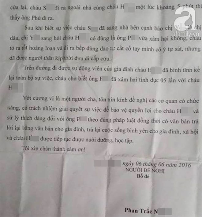 Theo đơn tố cáo, ông P. đã 5 lần cưỡng hiếp bé H