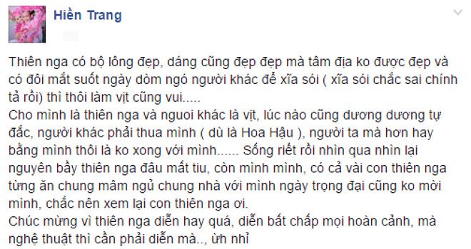 Đoạn trạng thái thu hút nhiều sự quan tâm của Hiền Trang trên Facebook.