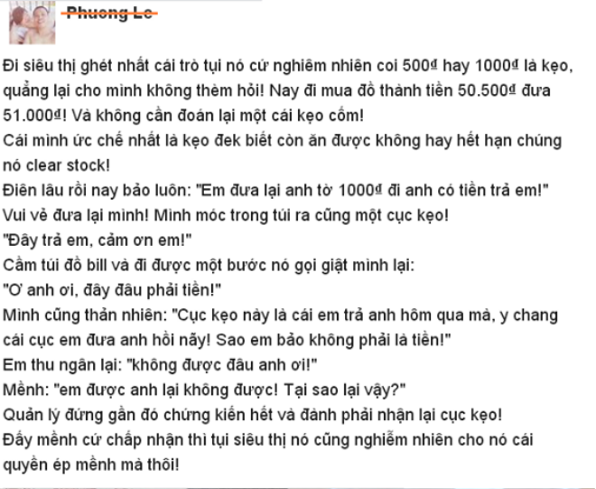 Chia sẻ "độc chiêu" đối phó với kiểu trả tiền thừa bằng kẹo ở siêu thị của Facebook Phuong Le