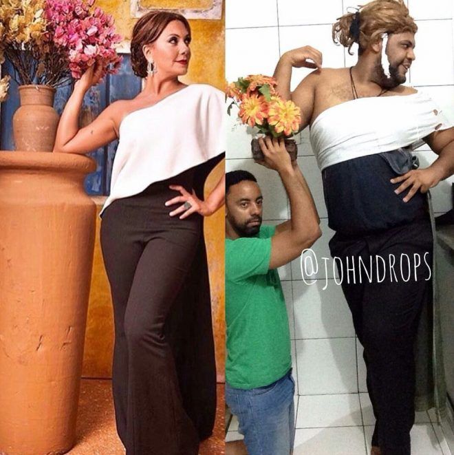 Trang phục nữ diễn viên fabiula được anh chàng cosplay bằng khăn tắm và vải thun đen