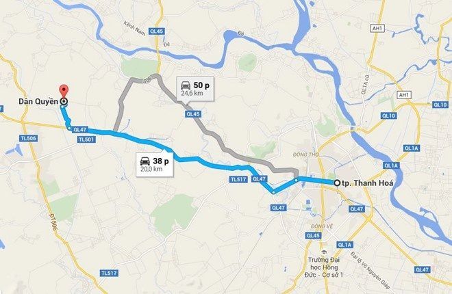 Vị trí xảy ra tai nạn trên quốc lộ 47, đoạn qua xã Dân Quyền, huyện Triệu Sơn cách TP Thanh Hóa hơn 20 km. Ảnh: GoogleMaps.