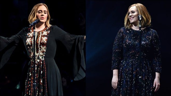 Bên phải là chiếc váy mà Adele mặc khi diễn tại lễ hội Glastonbury. Còn bên trái là chiếc váy thần thánh xuyên suốt các đêm diễn Adele Live Tour tại châu Âu.