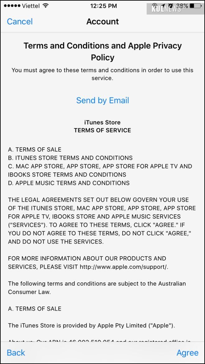 Hãy chấp nhận các điều khoản sử dụng của Apple bằng cách nhấn vào chừ Agree. 
