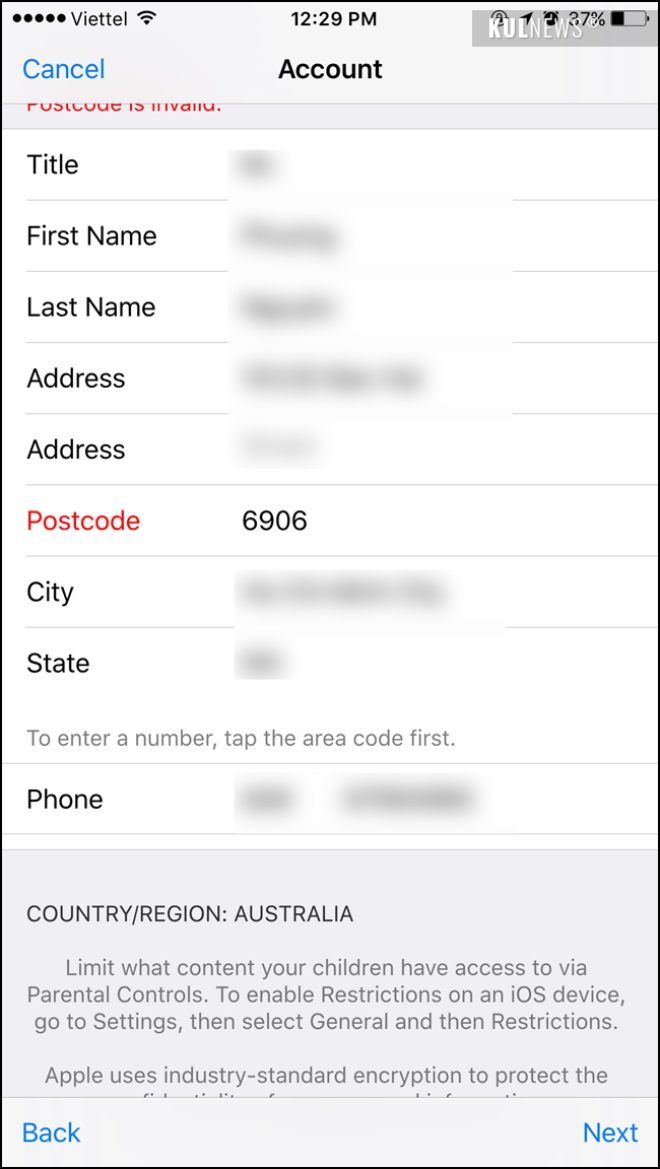 Nhập mã số của Úc vào mục Postcode, mã là 6906. Sau đó bấm Next và chờ vài phút để chuyển qua. Như vậy bạn đã xong phần chuyển vùng.