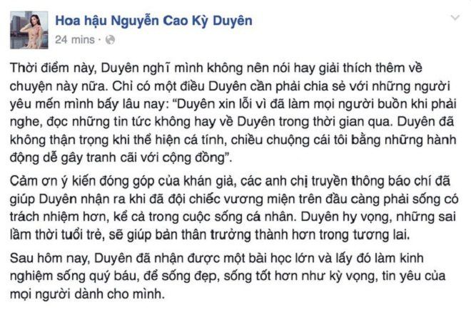 Ngay sau sự cố, Hoa hậu Kỳ Duyên lên tiếng xin lỗi. Cô cho rằng