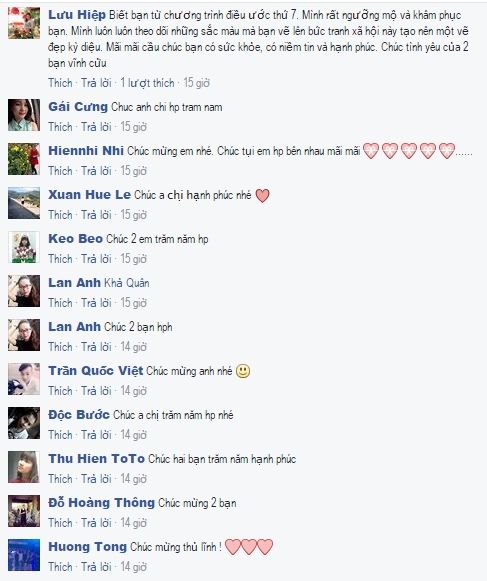 Rất nhiều bẹn bè trên Facebook dành những lời động viên, chúc phúc cho cặp đôi Tân - Giang