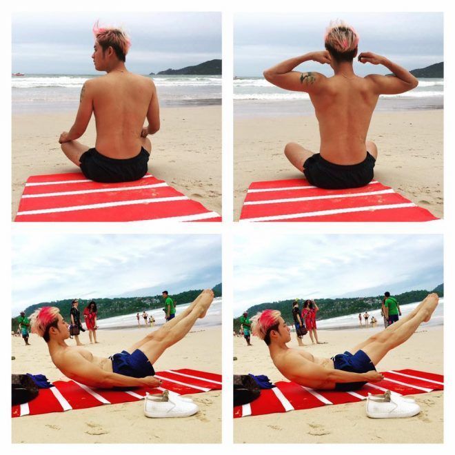 Dù đi bơi nhưng Thanh Duy vẫn không quên dành thời gian tập luyện.