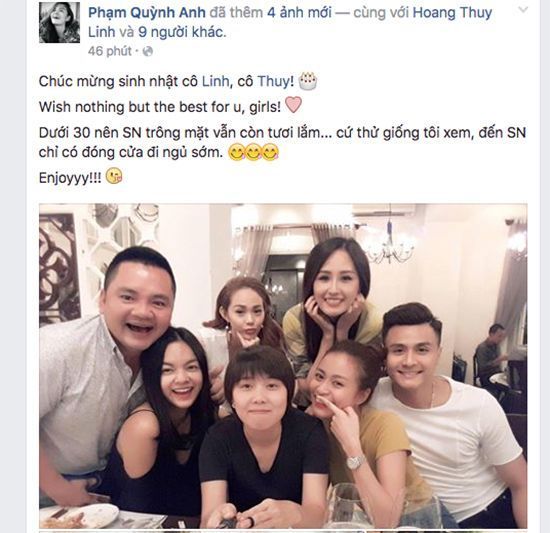 Phạm Quỳnh Anh chúc mừng sinh nhật Hoàng Thùy Linh và Mai Phương Thúy.