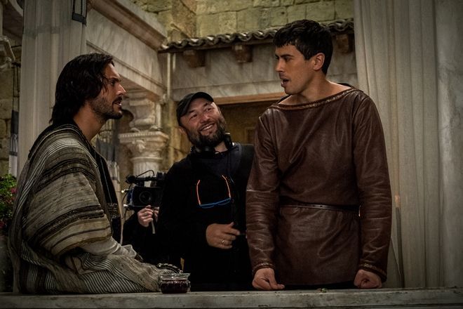 Jack Huston as Judah Ben-Hur, Director Timur Bekmambetov and Toby Kebbell as Messala Severus in Ben-Hur from Metro-Goldwyn-Mayer Pictures and Paramount Pictures.