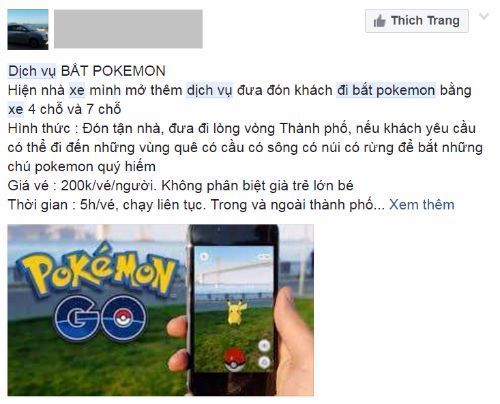 Một mẫu quảng cáo dịch vụ đưa đón đi bắt Pokemon.