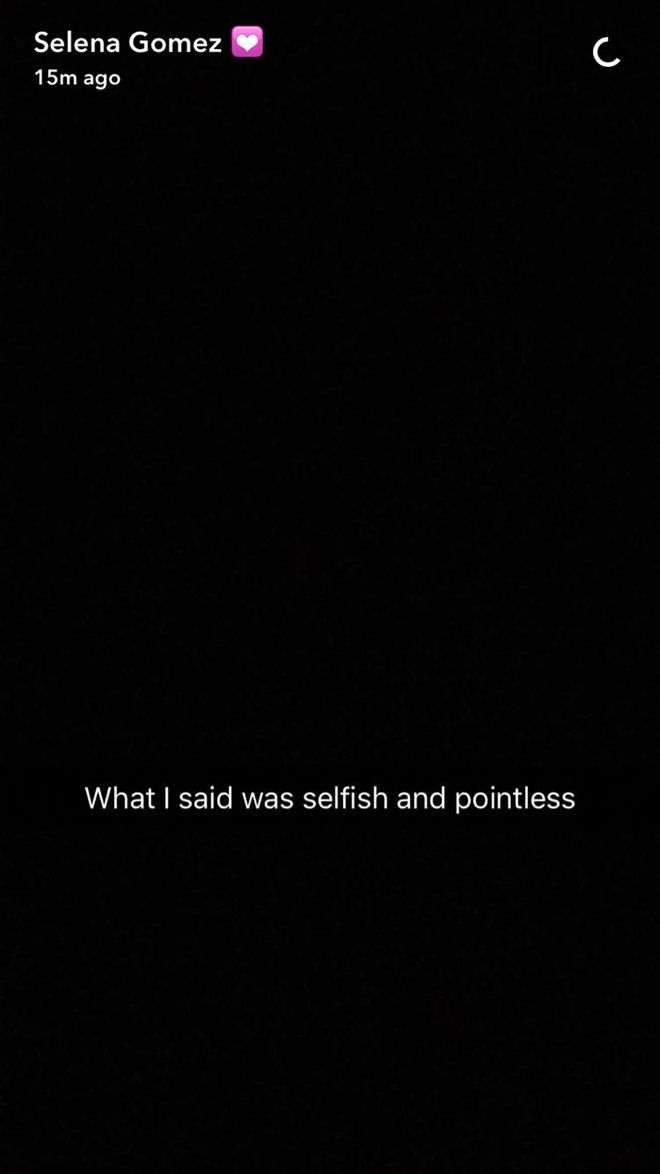 Dòng chia sẻ của Selena trên Snapchat sau khi Justin xóa tài khoản Instagram.
