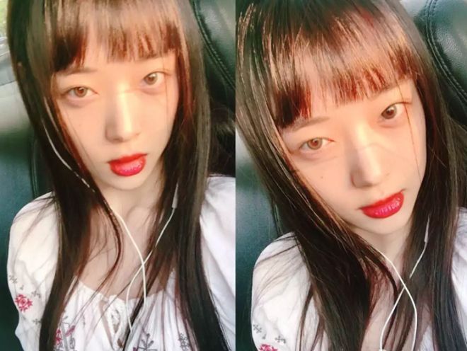 Nàng Sulli trông “ngố tàu” với mái bằng ngắn. Bí quyết để diện kiểu tóc mái này mà không bị “lỗi” chính là luôn thả tóc để gương mặt bạn được cân đối, hài hòa để người đối diện không chăm chăm nhìn vào phần tóc mãi ngắn củn của bạn mà phì cười.