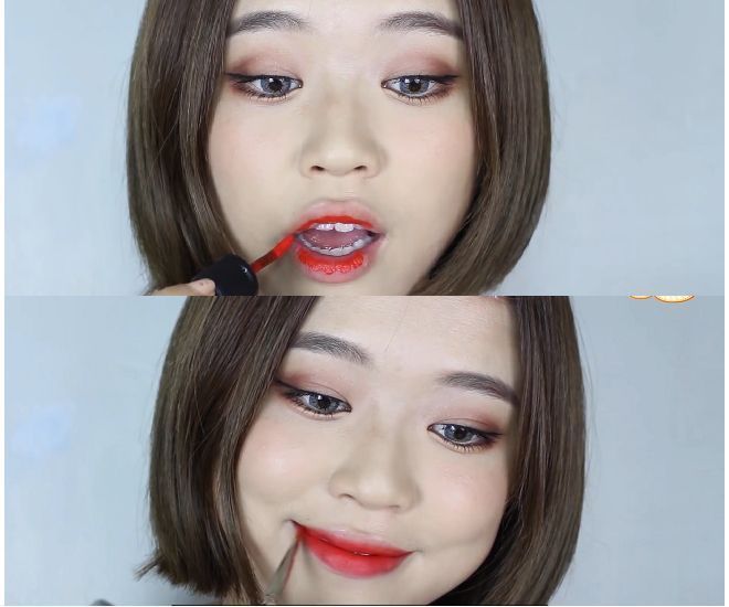 Bước này cực kỳ đơn giản. Thoa son phần lòng môi sau đó dùng cọ tán đều khắp môi.