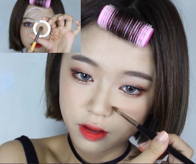 Dùng phấn mắt màu nâu để vẽ lên 2 cánh mũi, tạo hiệu ứng 3D cho mũi cao. 