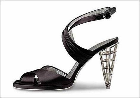 Salvatore Ferragamo's "Cage Heel" invented in 1955 but still in production today as seen in this rhinestone encrusted example from 2006.