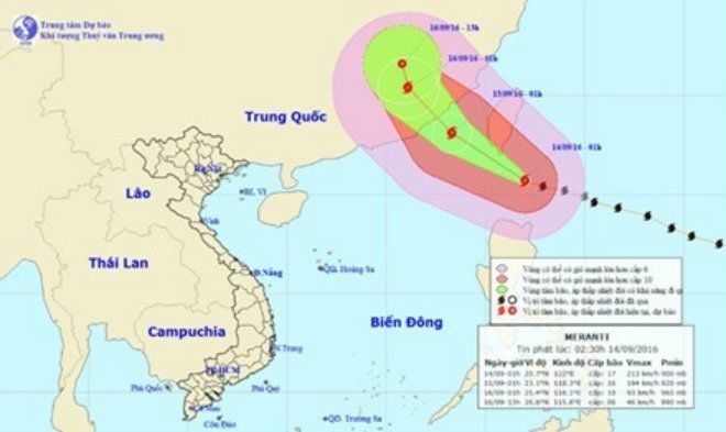 Vị trí và dự báo đường đi của siêu bão Meranti. Nguồn: Trung tâm Dự báo Khí tượng Thủy văn Trung ương.