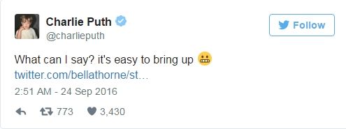 Charlie Puth công khai tán tỉnh Bella Thorne trên mạng xã hội Twitter.