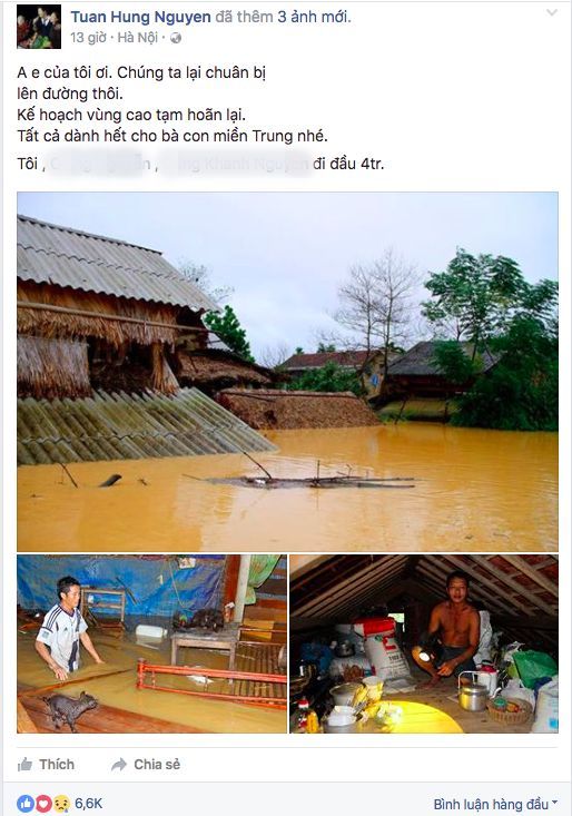 Lần này, Tuấn Hưng tiếp tục kêu gọi bạn bè ủng hộ miền Trung bão lũ.