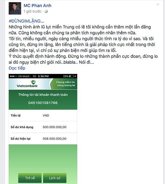 MC Phan Anh bỏ tiền túi 500 triệu đồng để ủng hộ đồng bào lũ lụt miền Trung. Bên cạnh đó anh còn vận động bạn bè nghệ sĩ, những tấm lòng hảo tâm chung tay giúp đỡ.